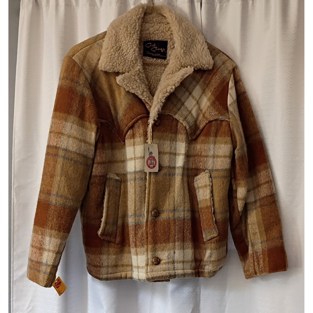 VTG Cal Craft USA Unisex Brown/Cream Plaid Field Sherpa Lined Coat Sz 42 Large